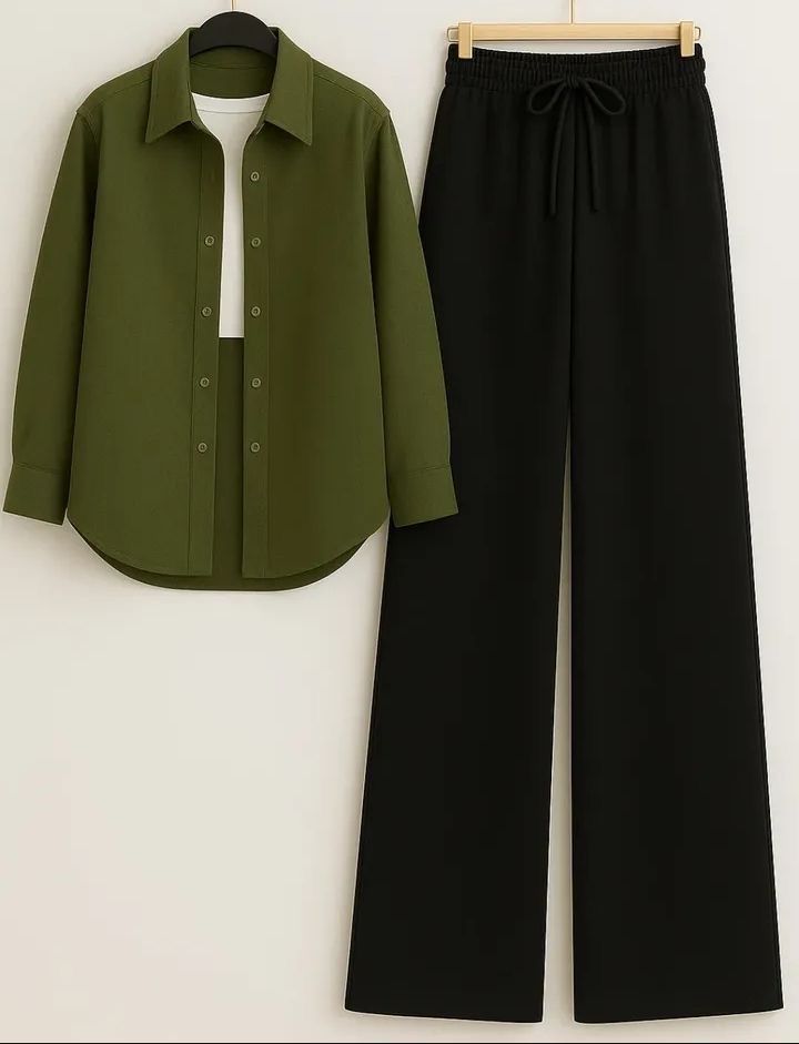 OLIVE GREEN BUTTON SHIRT WITH WHITE TANKTOP AND BLACK FLAPPER