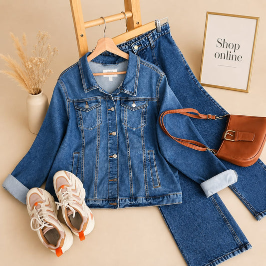MID BLUE DENIM JACKET WITH MID BLUE WIDE LEG JEANS
