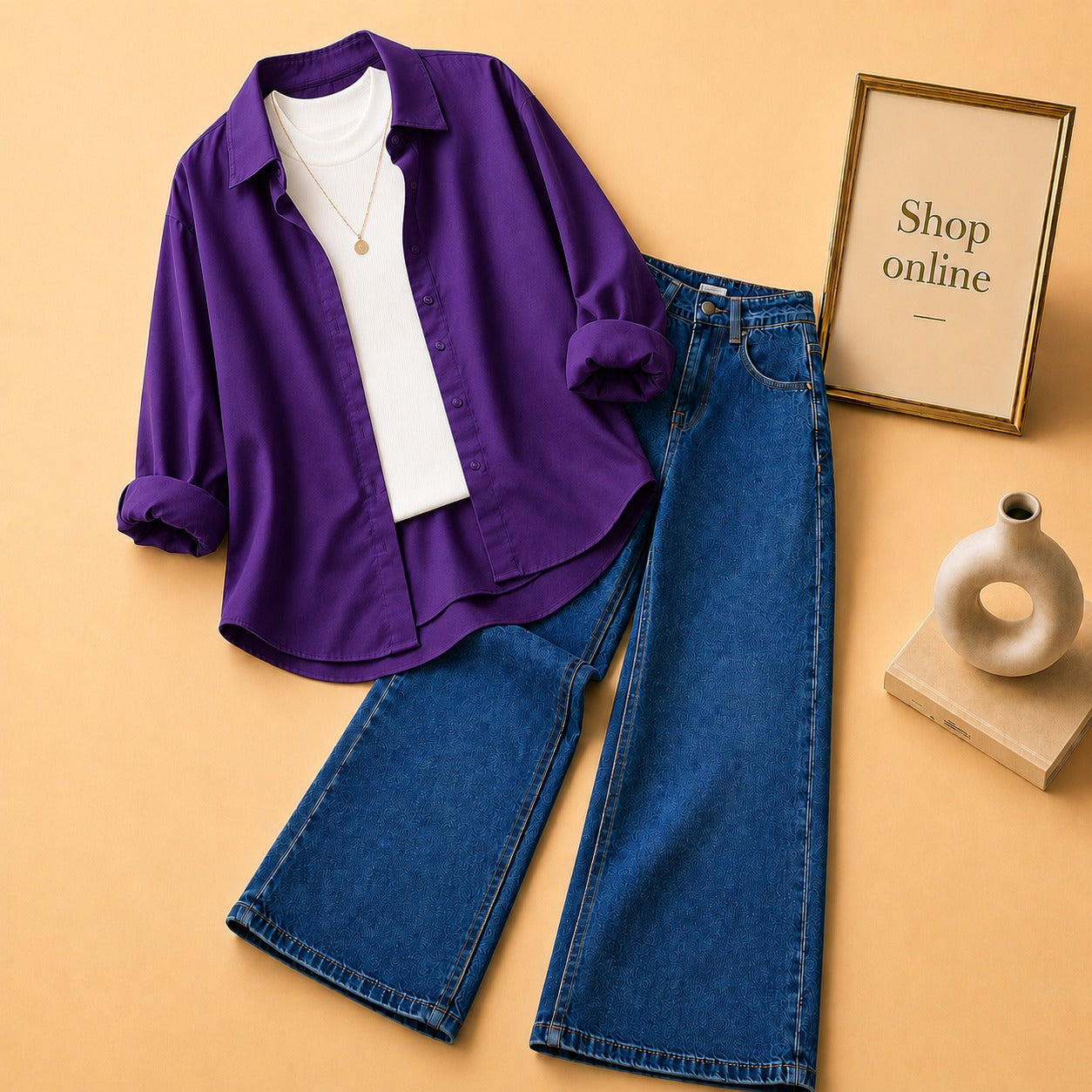 PURPLE BUTTON SHIRT WITH WHITE TANKTOP AND DARK BLUE WIDE LEG JEANS (3PCS)