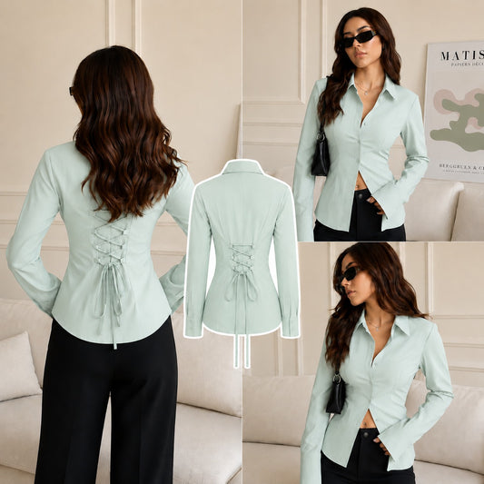 SEA GREEN FITTED BUTTON SHIRT ( CORSET BACK)