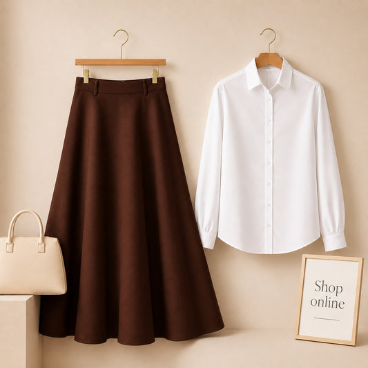 WHITE BUTTON DOWN WITH BROWN SKIRT (TWILL)