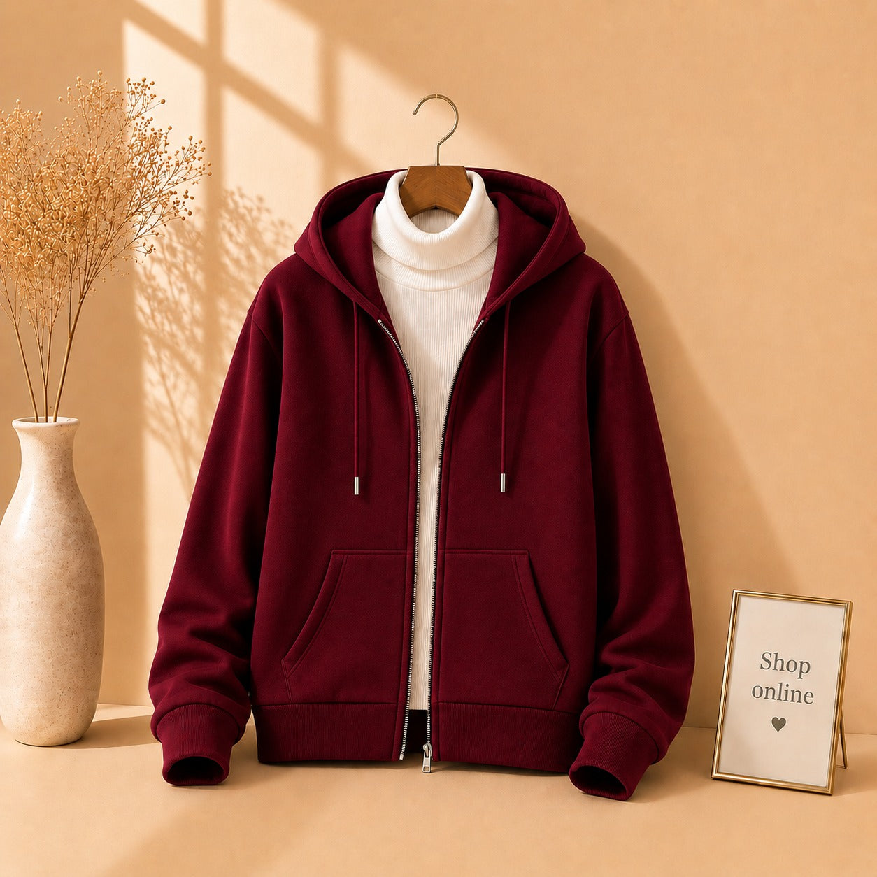MAROON ZIPPER HOODIE WITH WHITE HINECK