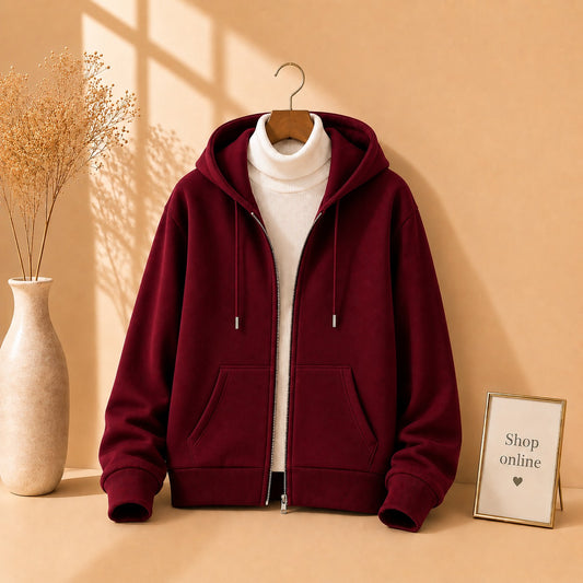 MAROON ZIPPER HOODIE WITH WHITE HINECK