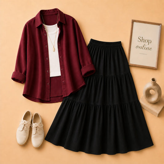 MAROON BUTTON SHIRT WITH WHITE TANKTOP AND BLACK 3 TIER SKIRT