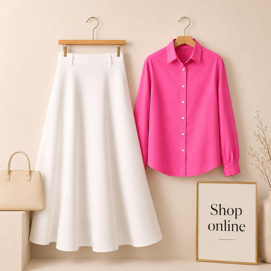 HOT PINK BUTTON DOWN WITH WHITE SKIRT(Twill)