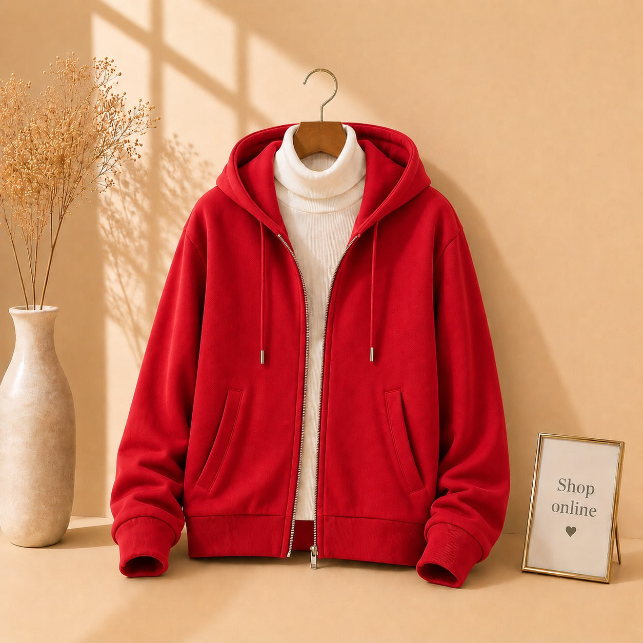RED ZIPPER HOODIE WITH WHITE HINECK