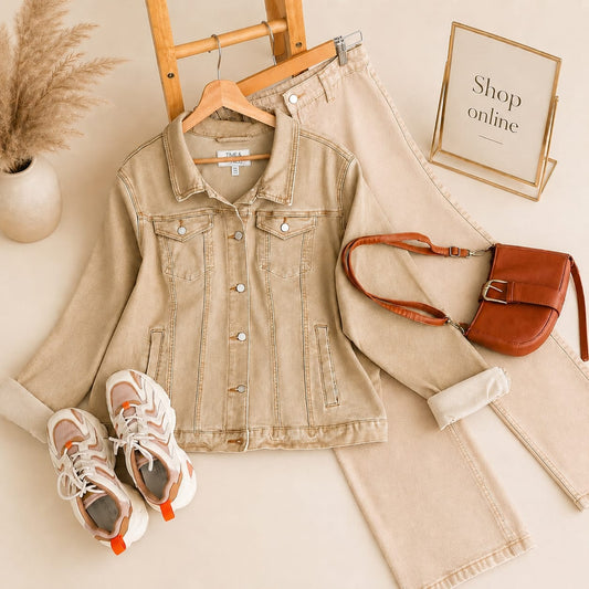 BEIGE DENIM JACKET WITH BEIGE WIDE LEG JEANS