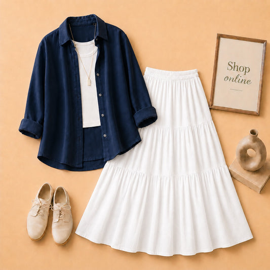 NAVY BLUE BUTTON SHIRT WITH WHITE TANKTOP AND WHITE 3 TIER SKIRT