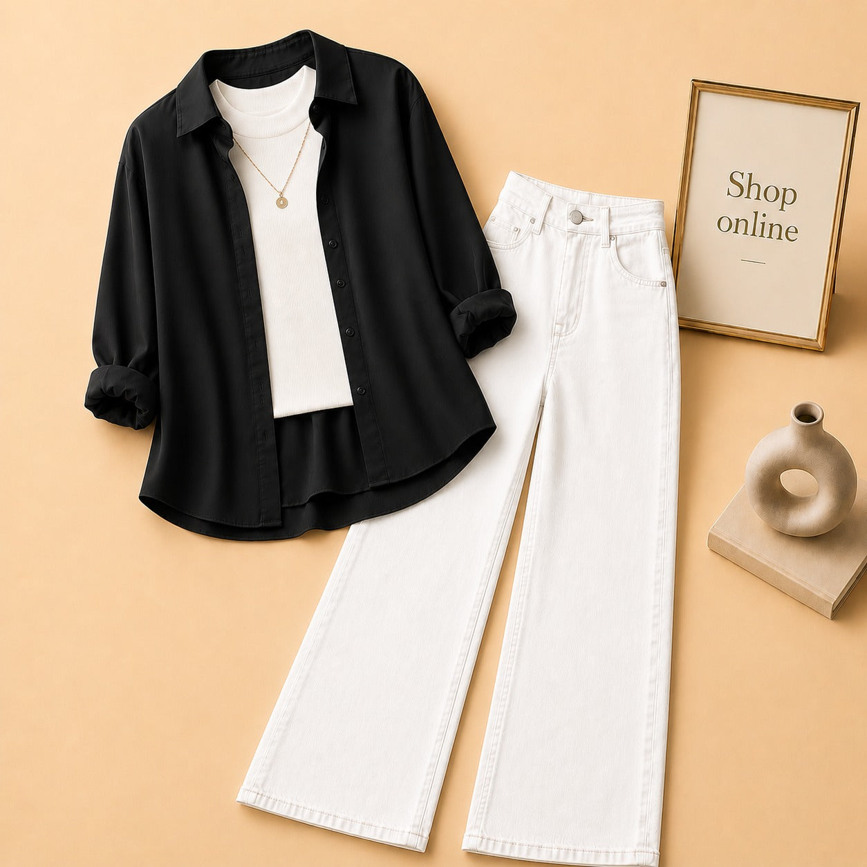 BLACK BUTTON SHIRT WITH WHITE TANKTOP AND WHITE WIDE LEG JEANS (3PCS)