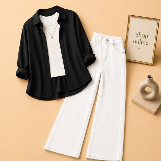 BLACK BUTTON SHIRT WITH WHITE TANKTOP AND WHITE WIDE LEG JEANS (3PCS)