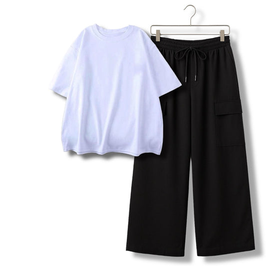 PLAIN WHITE TSHIRT WITH BLACK CARGO TROUSER