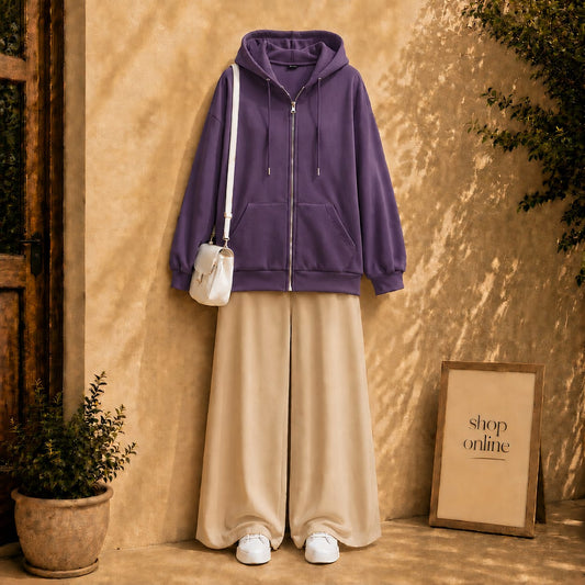 PURPLE ZIPPER HOODIE WITH BEIGE FLAPPER