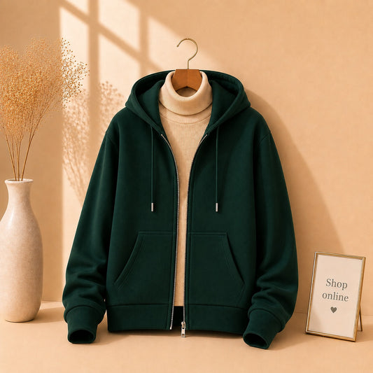 BOTTLE GREEN ZIPPER HOODIE WITH BEIGE HINECK