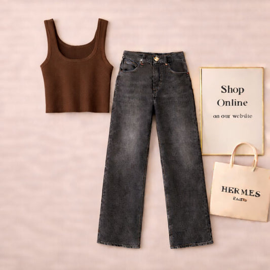 BROWN TANKTOP WITH MALAYSIAN BLACK WIDE LEG JEANS