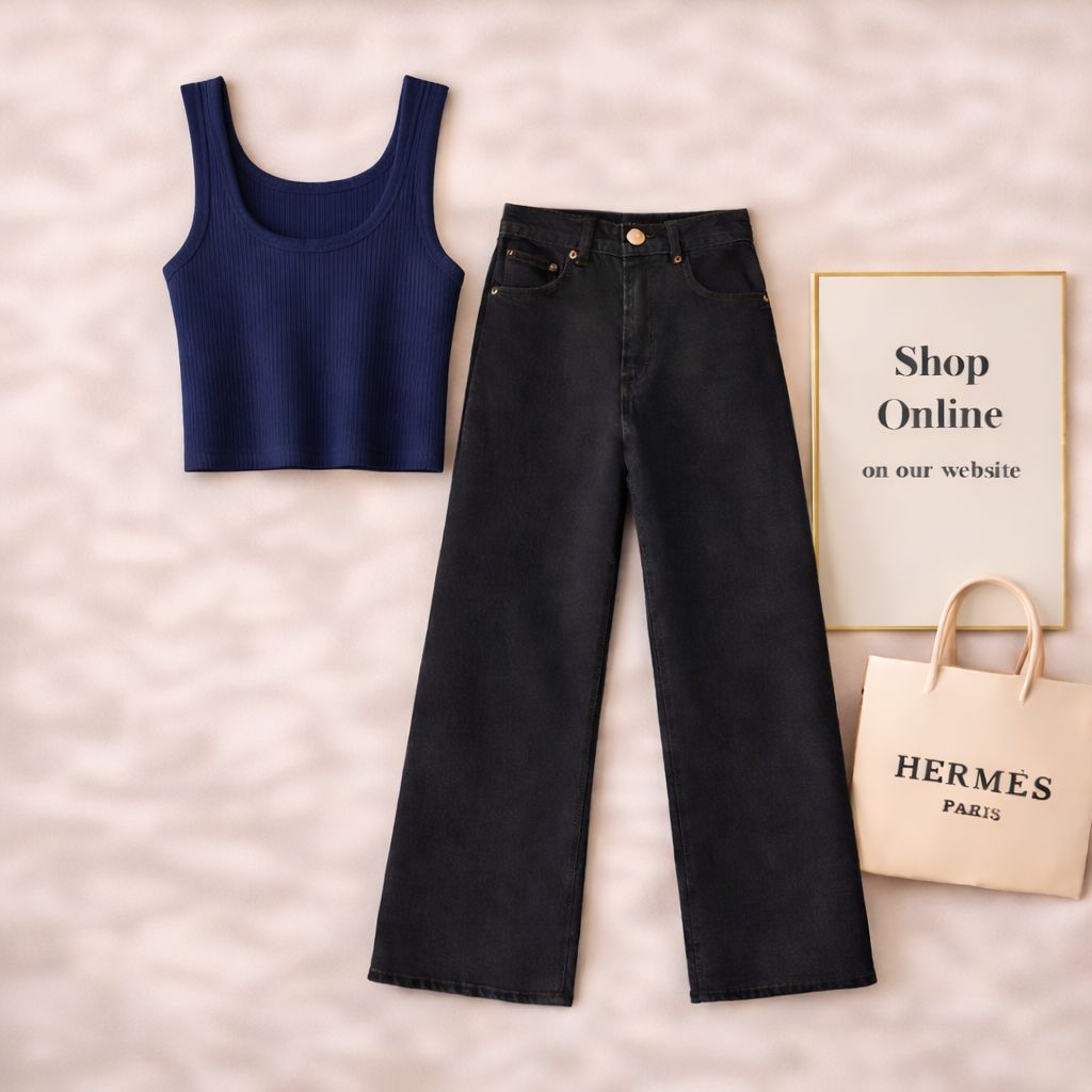 NAVY BLUE TANKTOP WITH BLACK WIDE LEG JEANS