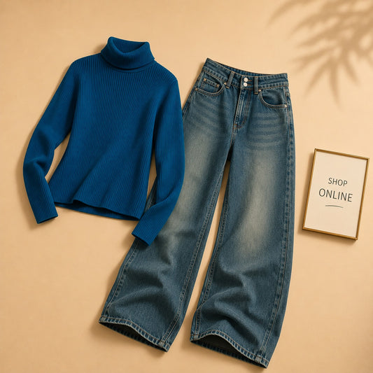 PETROLEUM BLUE HIGH NECK WITH DARKISH BLUE WIDE LEG JEANS
