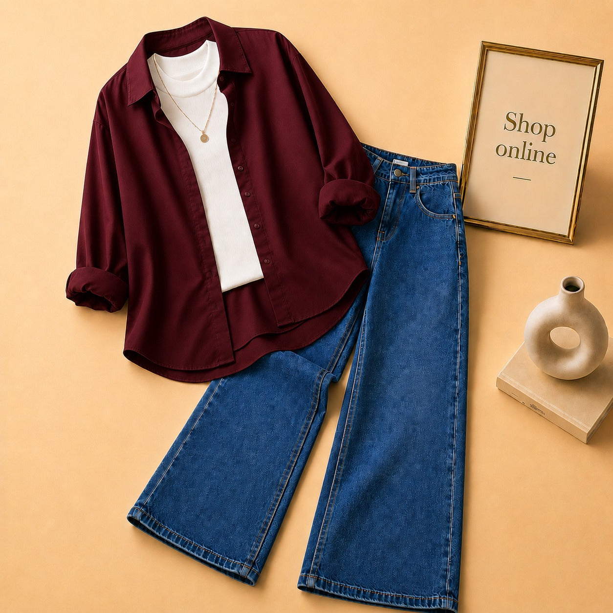 MAROON BUTTON SHIRT WITH WHITE TANKTOP AND DARK BLUE WIDE LEG JEANS (3PCS)
