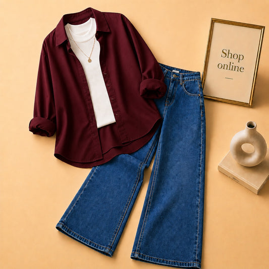 MAROON BUTTON SHIRT WITH WHITE TANKTOP AND DARK BLUE WIDE LEG JEANS (3PCS)