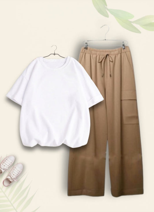 PLAIN WHITE TSHIRT WITH BEIGE CARGO TROUSER