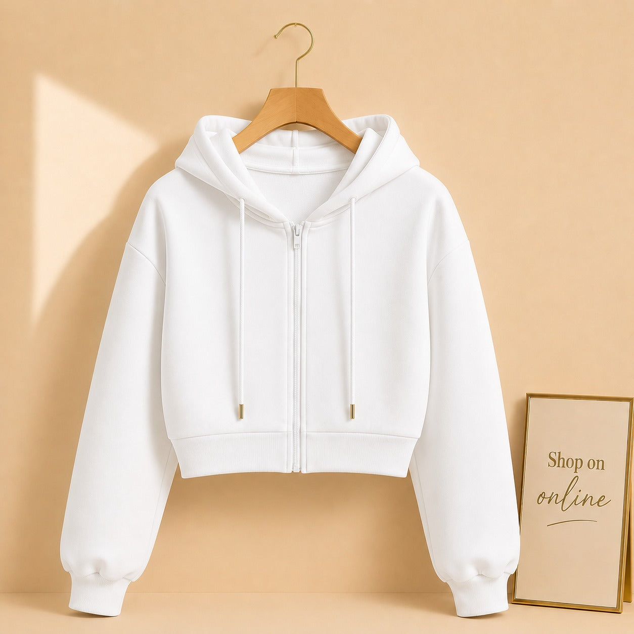 WHITE CROP ZIPPER HOODIE