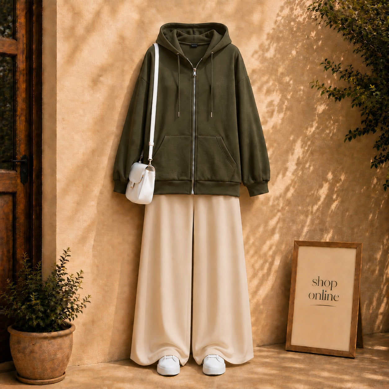 OLIVE GREEN ZIPPER HOODIE WITH BEIGE FLAPPER