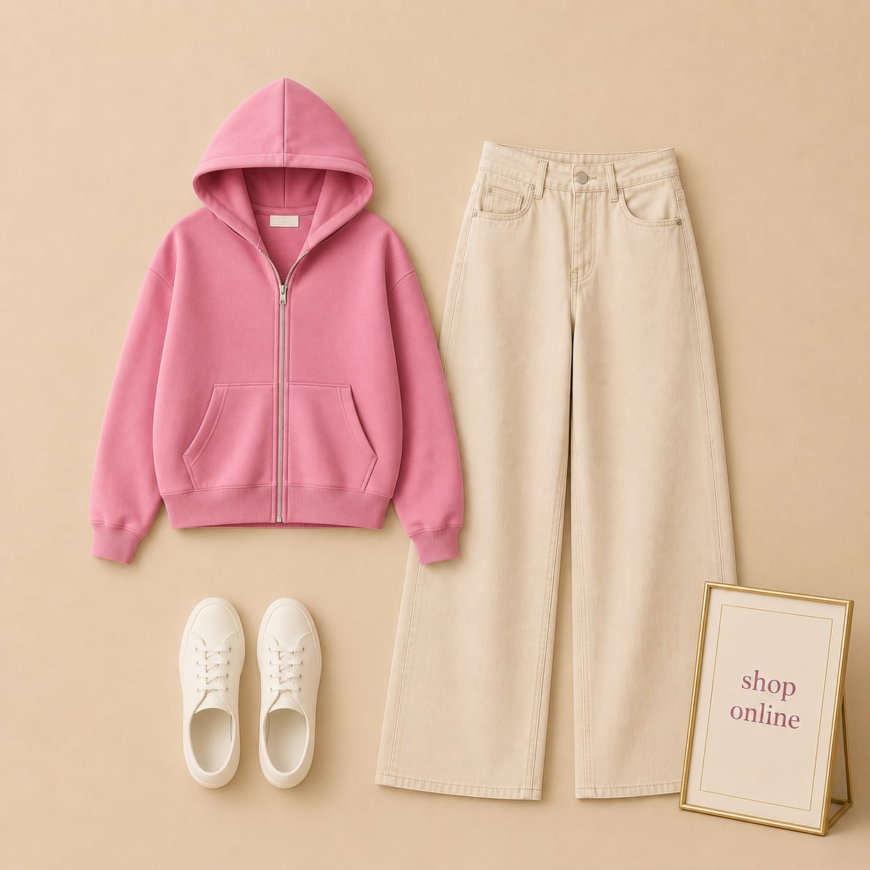 PINK ZIPPER HOODIE WITH BEIGE WIDE LEG JEANS