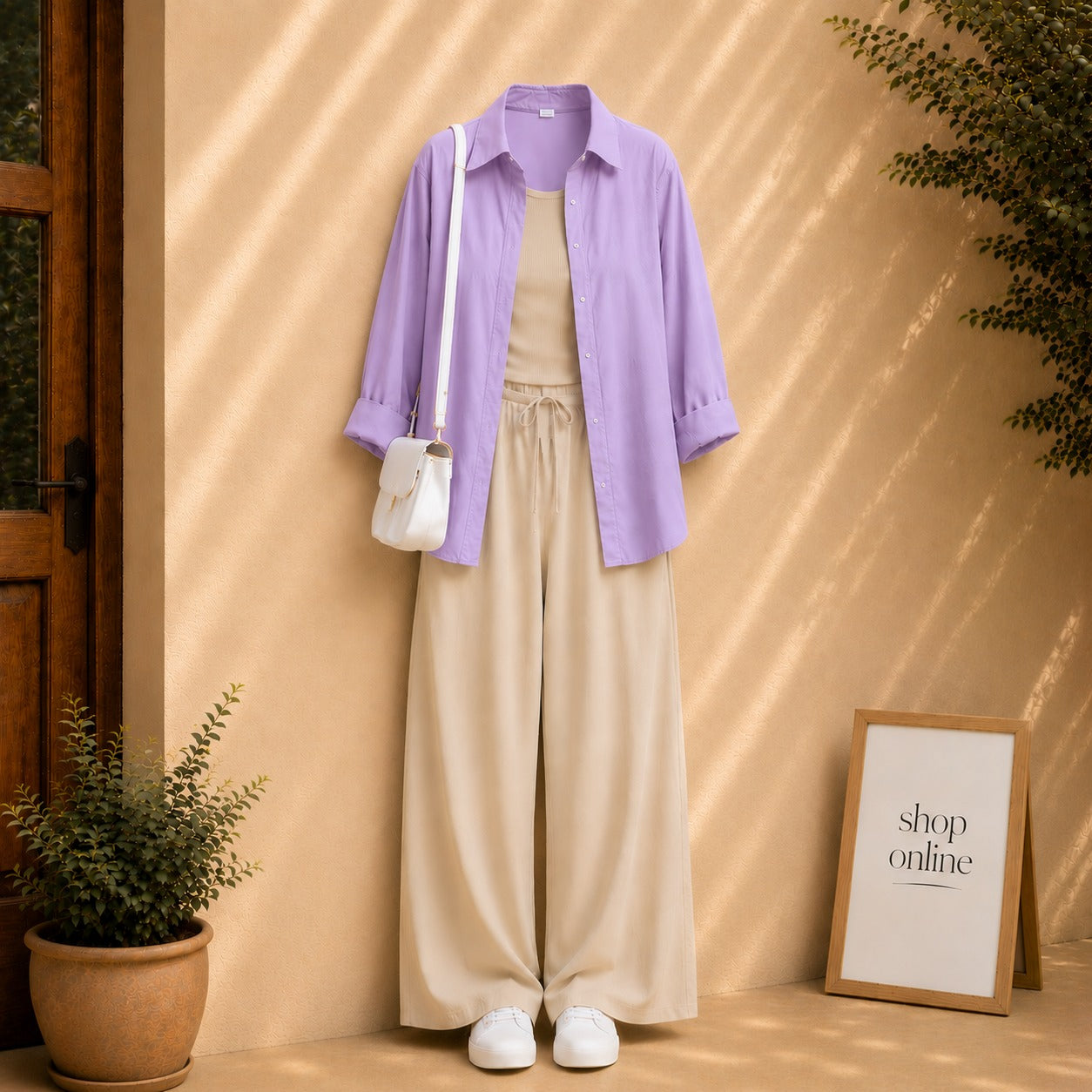 LILAC BUTTON SHIRT WITH BEIGE TANKTOP AND BEIGE FLAPPER
