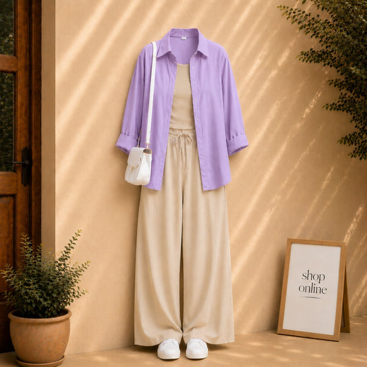 LILAC BUTTON SHIRT WITH BEIGE TANKTOP AND BEIGE FLAPPER