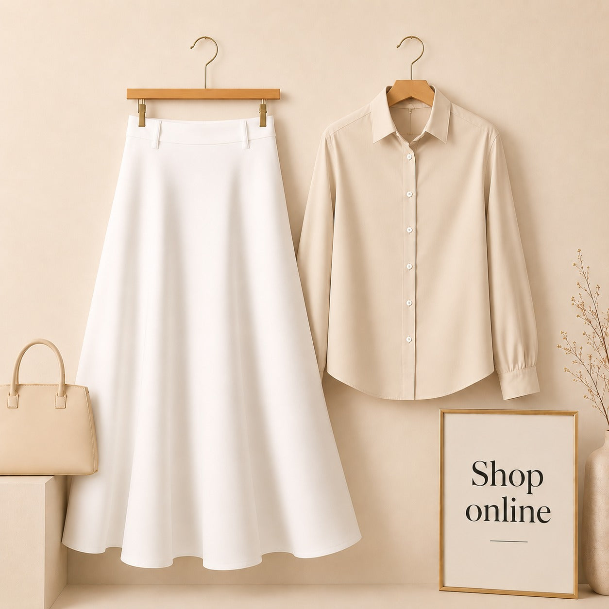 BEIGE BUTTON DOWN WITH WHITE SKIRT (Twill)