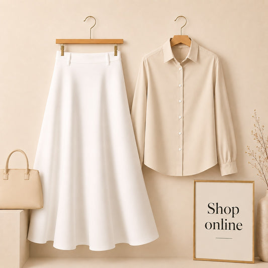 BEIGE BUTTON DOWN WITH WHITE SKIRT (Twill)