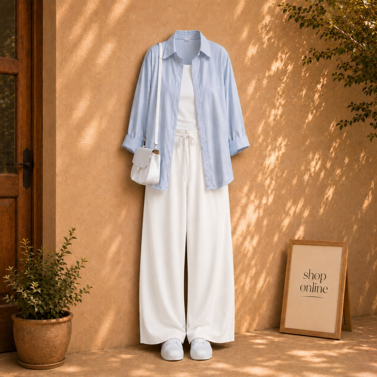 SKY BLUE BUTTON SHIRT WITH WHITE TANKTOP AND WHITE FLAPPER