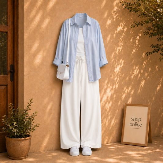 SKY BLUE BUTTON SHIRT WITH WHITE TANKTOP AND WHITE FLAPPER