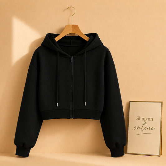 BLACK CROP ZIPPER HOODIE