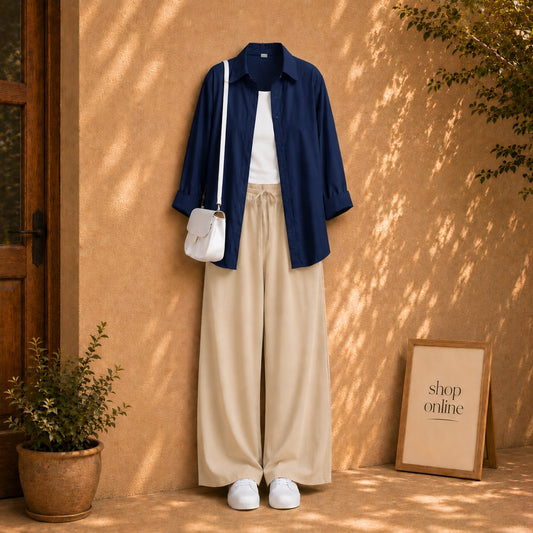 NAVY BLUE BUTTON SHIRT WITH WHITE TANKTOP AND BEIGE FLAPPER