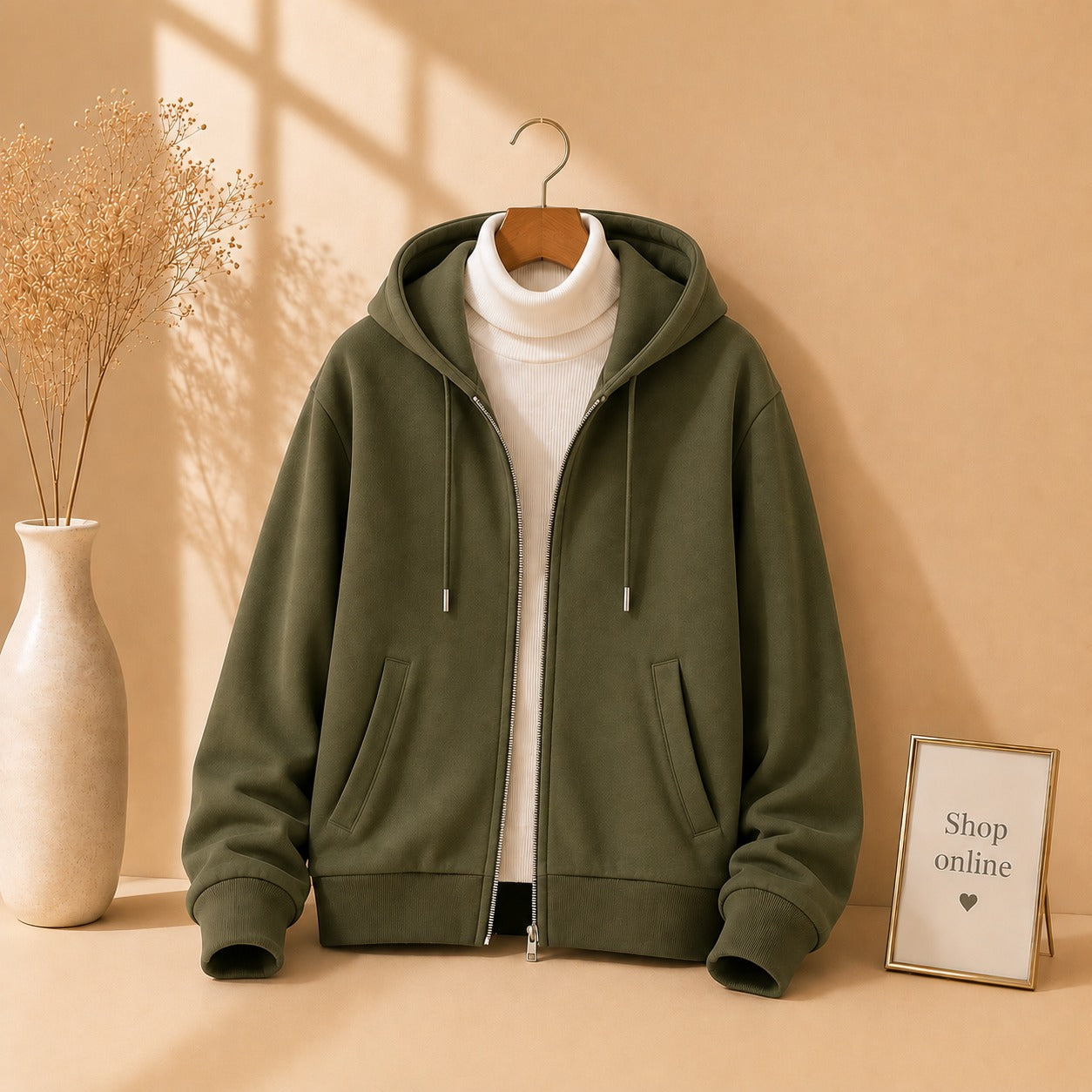 OLIVE GREEN ZIPPER HOODIE WITH WHITE HINECK