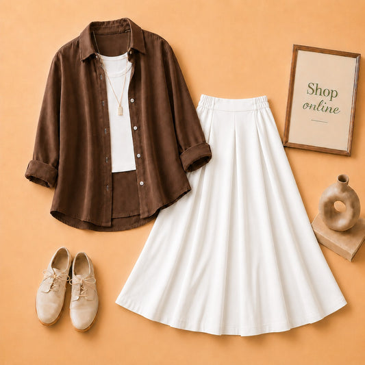 BROWN BUTTON SHIRT WITH WHITE TANKTOP AND WHITE TWILL SKIRT