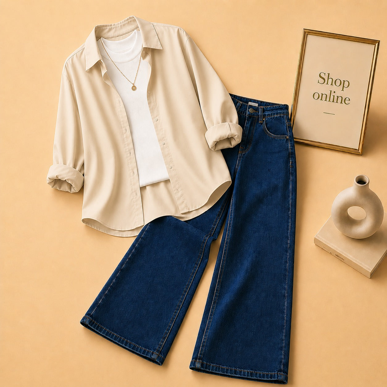 BEIGE BUTTON SHIRT WITH WHITE TANKTOP AND DARK BLUE WIDE LEG JEANS (3PCS)