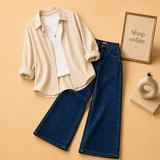 BEIGE BUTTON SHIRT WITH WHITE TANKTOP AND DARK BLUE WIDE LEG JEANS (3PCS)