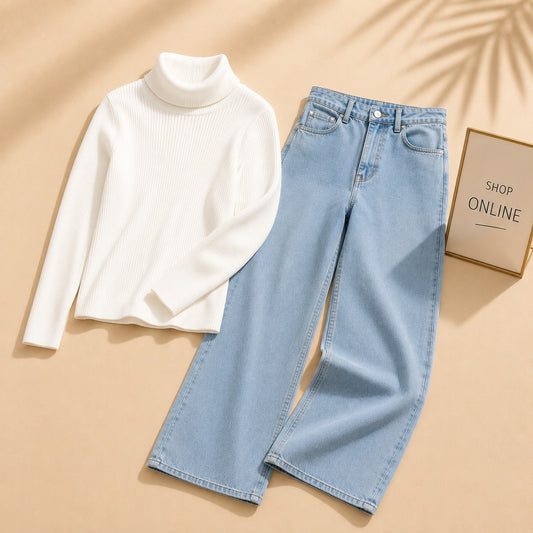 WHITE HIGH NECK WITH SKY BLUE WIDE LEG JEANS