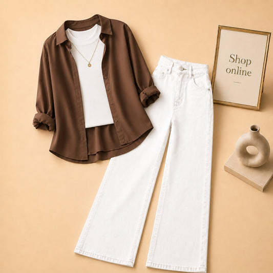 BROWN BUTTON SHIRT WITH WHITE TANKTOP AND WHITE WIDE LEG JEANS (3PCS)