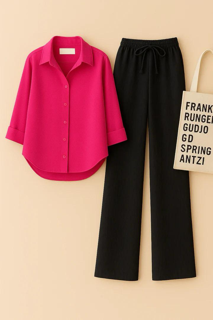 HOT PINK BUTTON DOWN SHIRT WITH BLACK FLAPPER