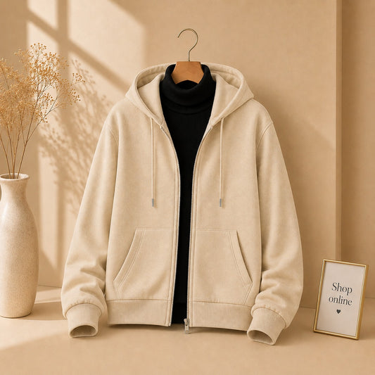 BEIGE ZIPPER HOODIE WITH BLACK HINECK