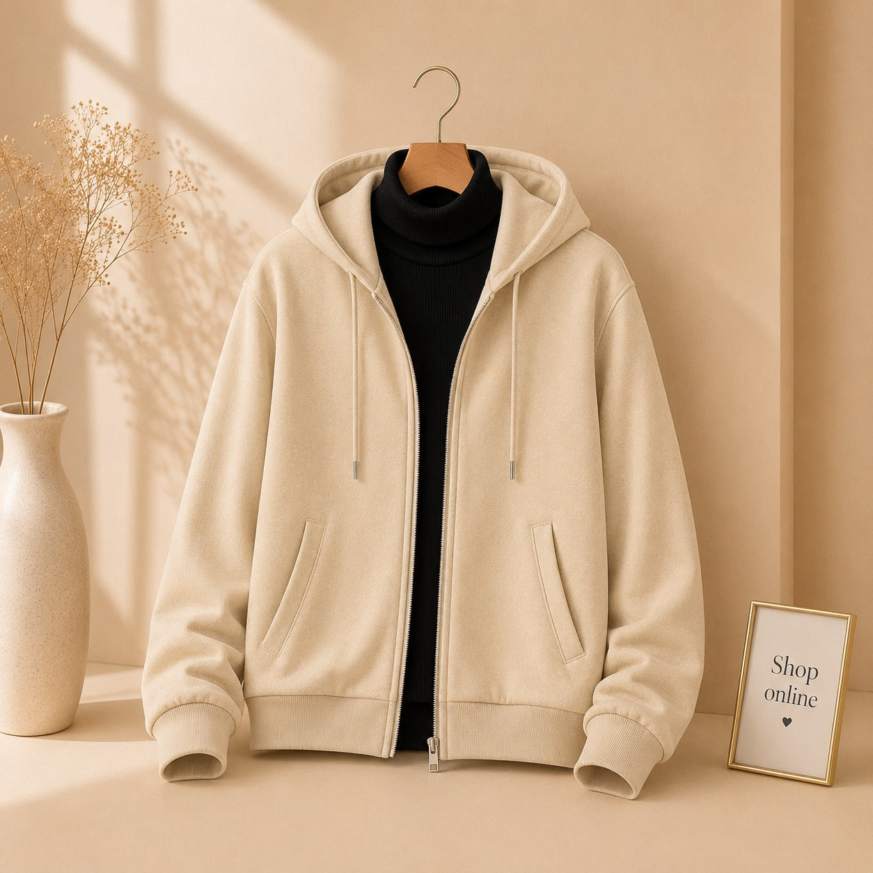 BEIGE ZIPPER HOODIE WITH BLACK HINECK