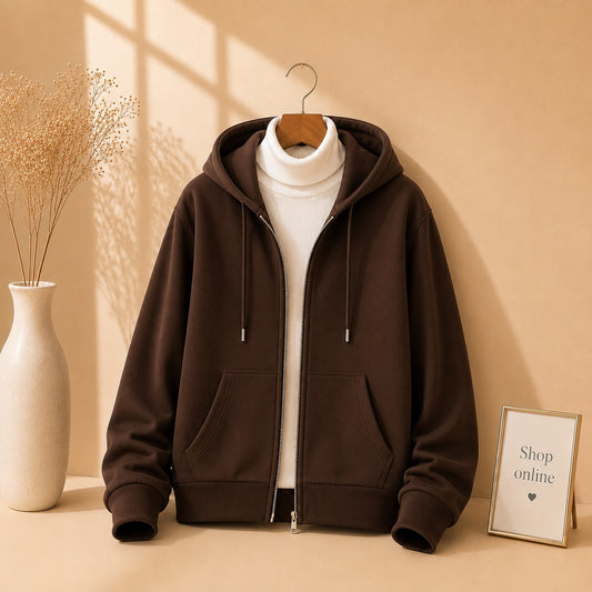 BROWN ZIPPER HOODIE WITH WHITE HINECK