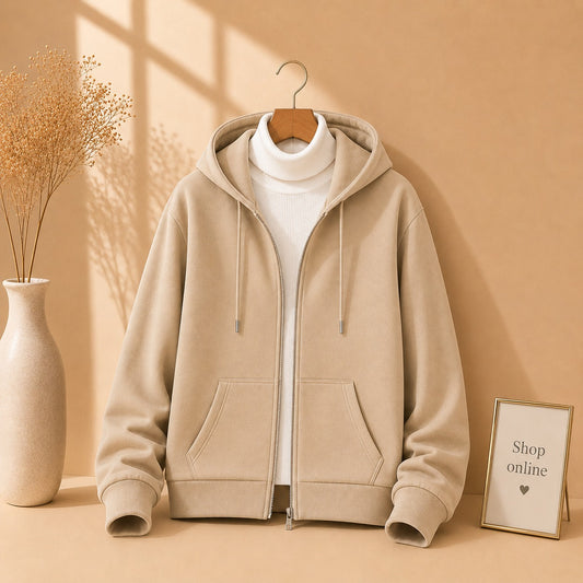 BEIGE ZIPPER HOODIE WITH WHITE HINECK