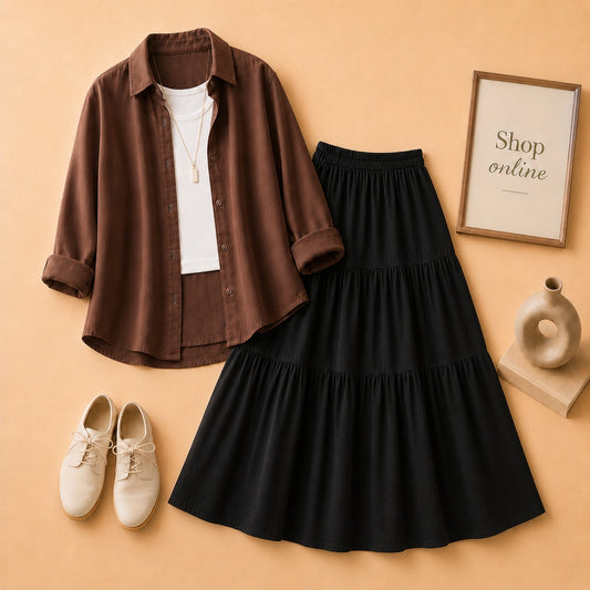 BROWN BUTTON SHIRT WITH WHITE TANKTOP AND BLACK 3 TIER SKIRT