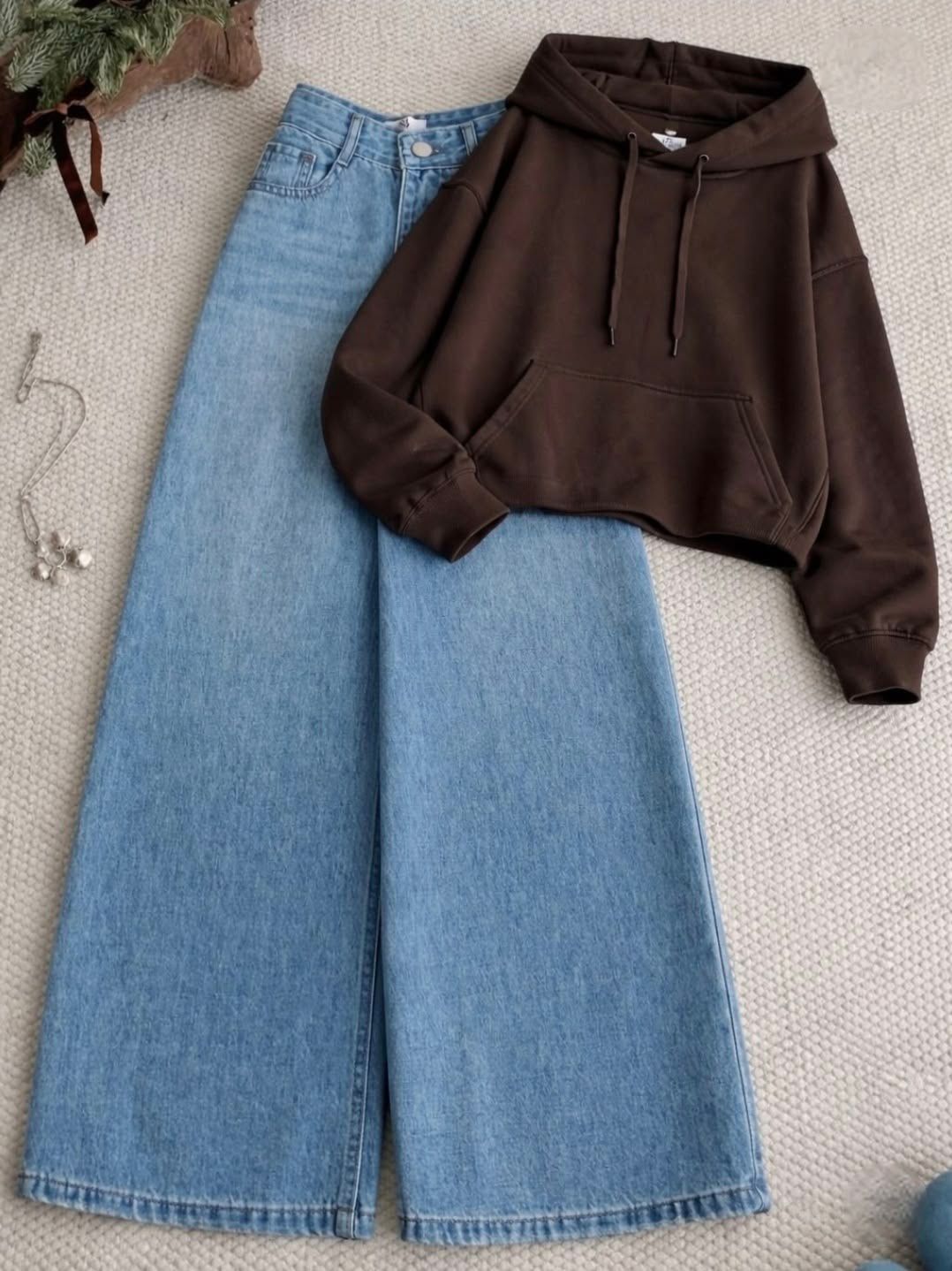 BROWN HOODIE WITH SKY BLUE WIDE LEG JEANS