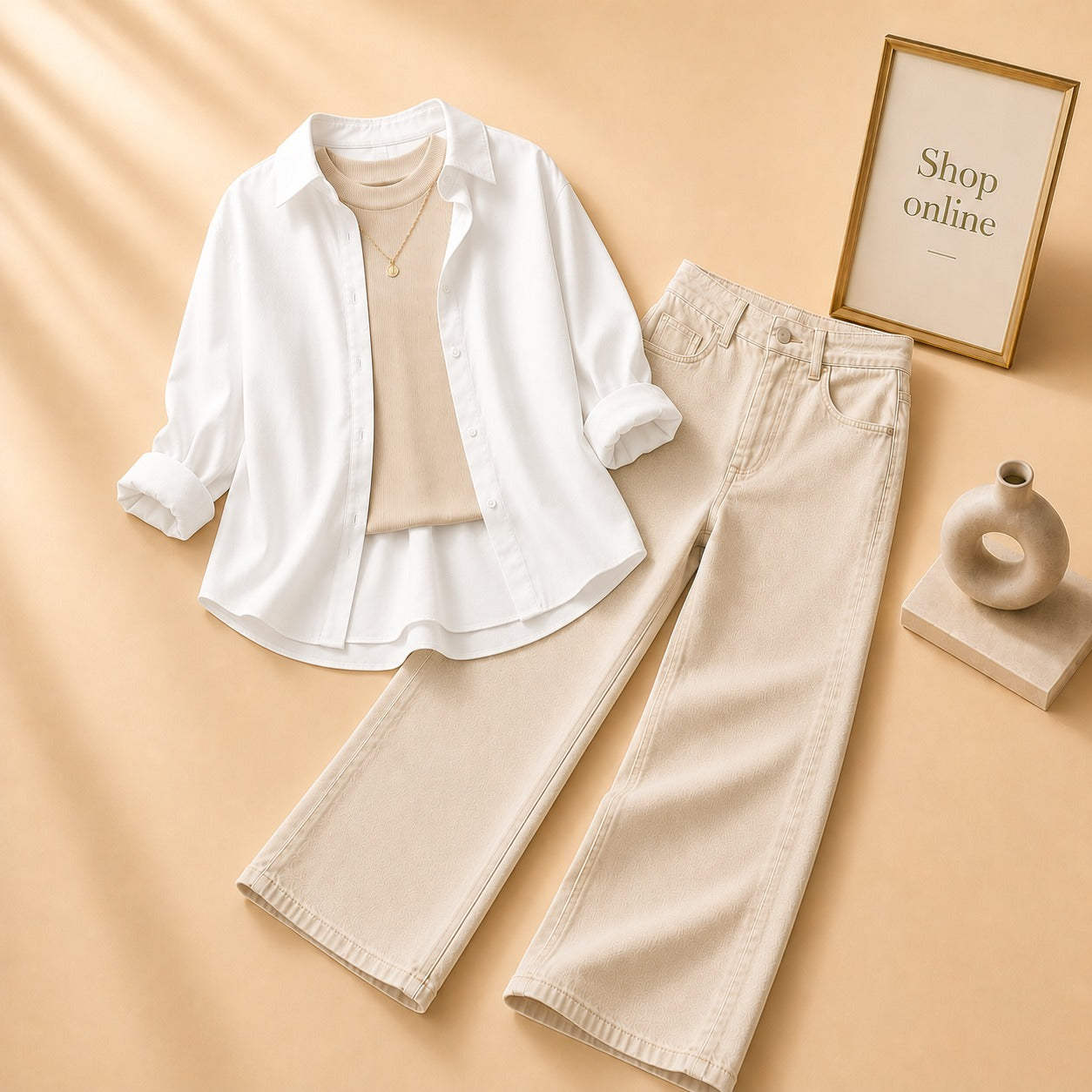 WHITE BUTTON SHIRT WITH BEIGE TANKTOP AND BEIGE WIDE LEG JEANS (3PCS)