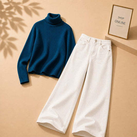 PETROLEUM  BLUE HIGH NECK WITH WHITE WIDE LEG JEANS