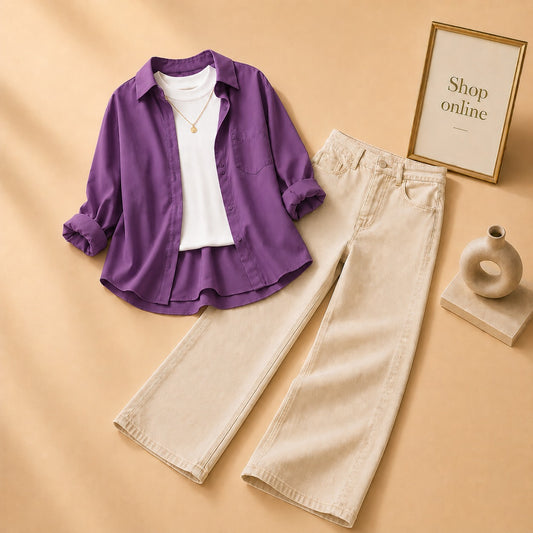 PURPLE BUTTON SHIRT WITH WHITE TANKTOP AND BEIGE WIDE LEG JEANS (3PCS)